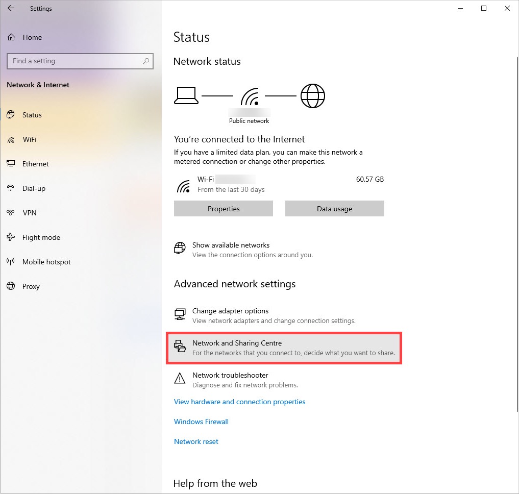 Windows 10 Network Settings screen with Network and Sharing Center selected