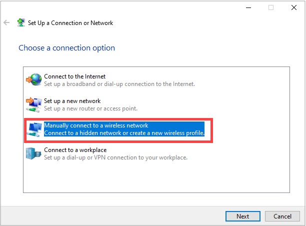 Network Sharing Center screen with Manually connect to a new network