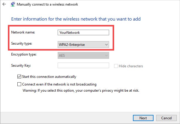 Dialog window for Manually connect to a network